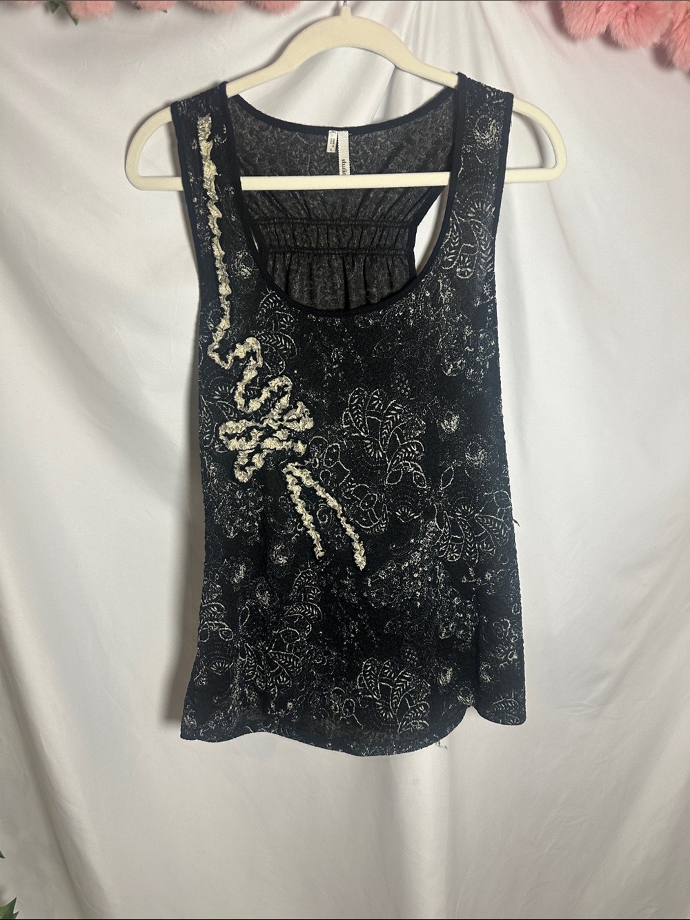 Studio Y Black Floral Lace-Back Tank with Ivory Embellishment